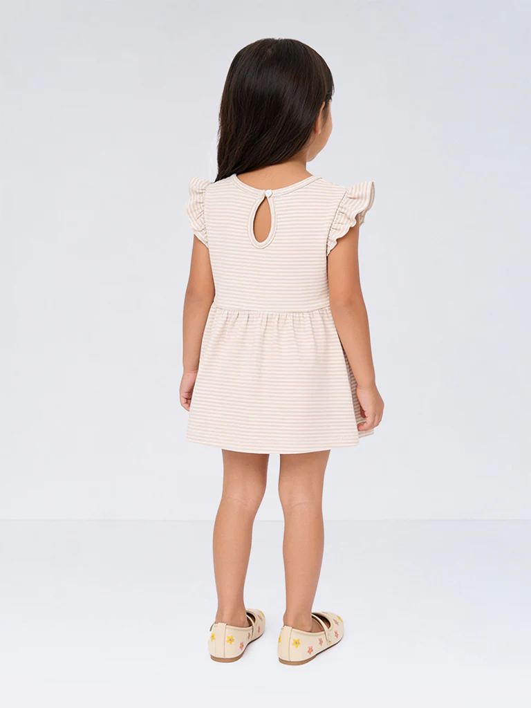 Kids Girls Beige Striped Sling-Bag Design Cotton A-Line Dress
